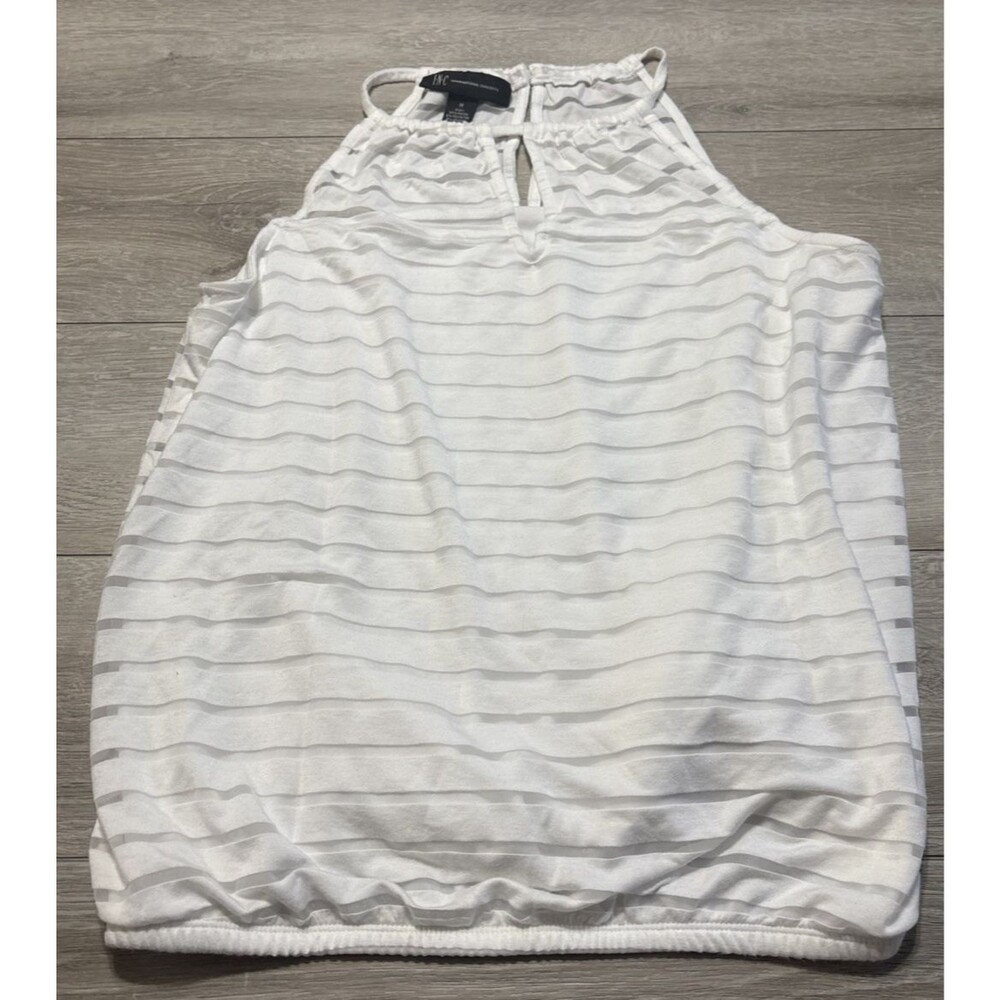 INC. Macy's Women's M Lined Mixed Media White Striped Blouson Halter Top Keyhole